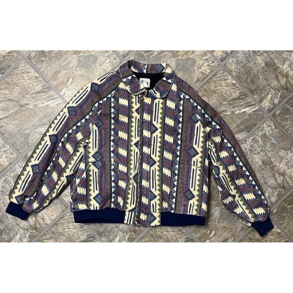 Key Bomber Jacket Mens XL Multicolor Vintage Aztec Southwestern Canvas